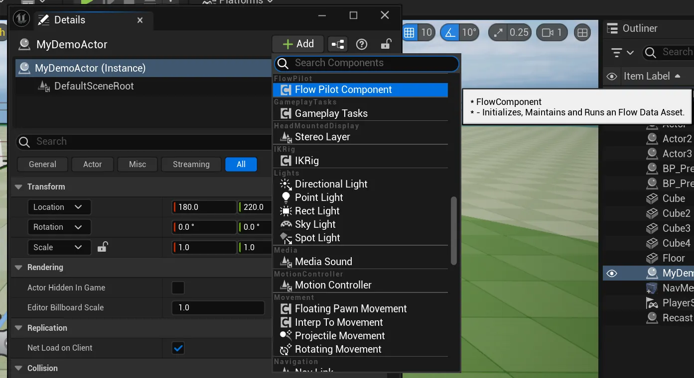 Add FlowPilotComponent Component to Actor